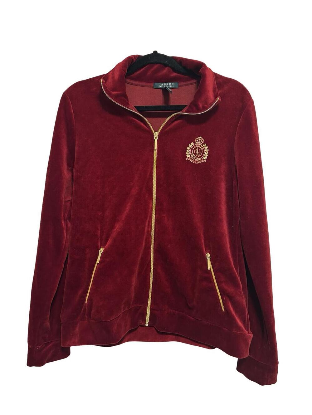 Lauren Ralph Lauren Red Velour Zip Jacket Gold Crest Logo Womens L